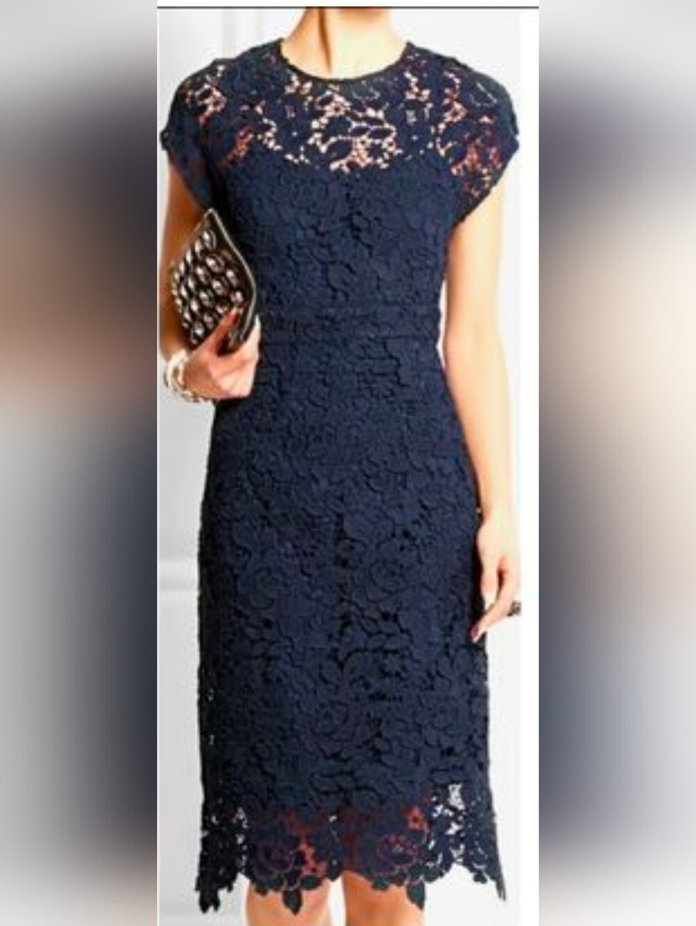 J. Crew Navy Floral Lace Midi Dress Sheath Lined Sz 12 Cap Sleeve Peekaboo Back